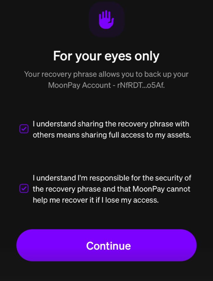 A screenshot of an XRP recovery phrase security screen in the MoonPay app